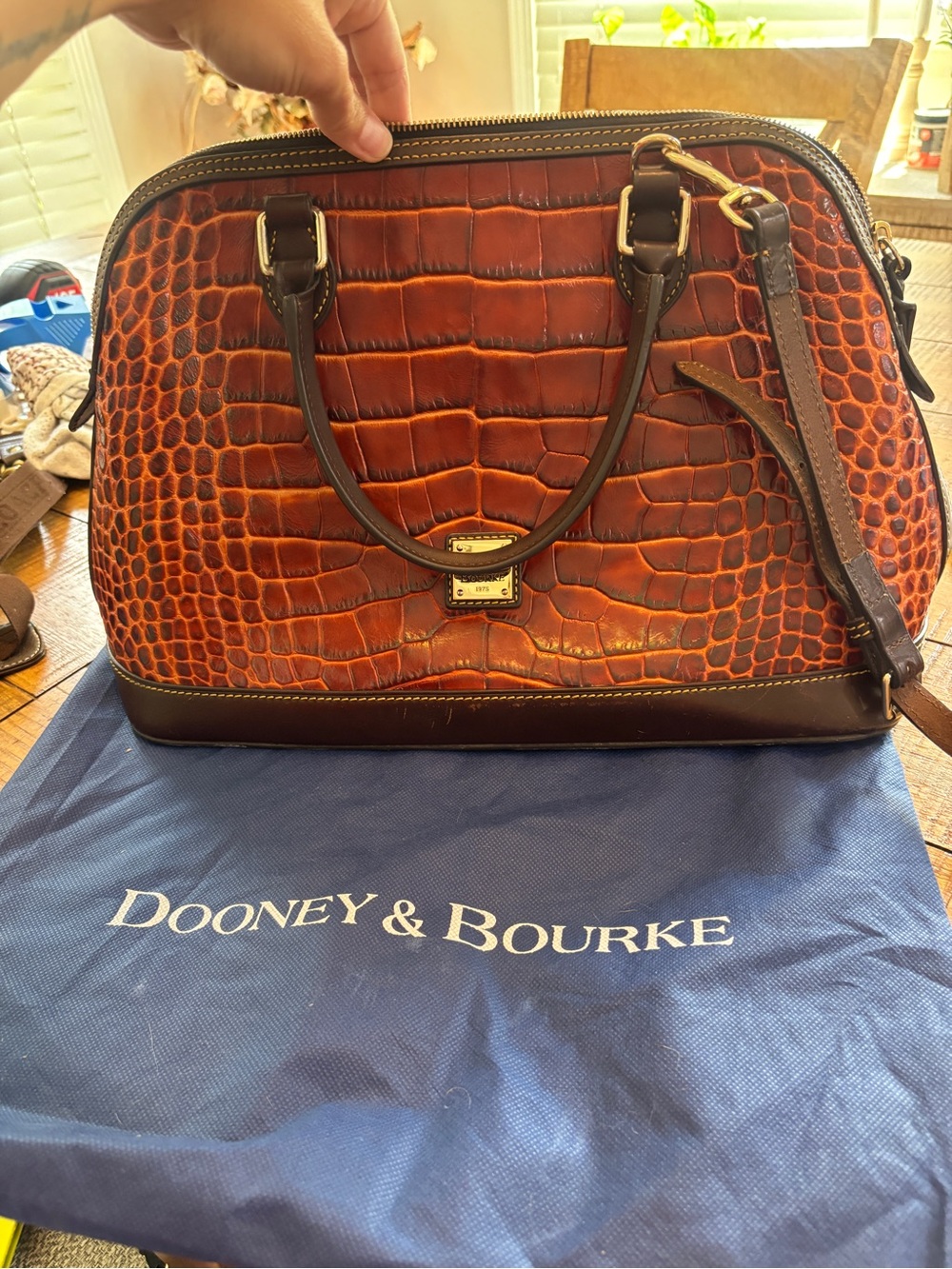 Dooney & Bourke Croc-Embossed Brown Dome Satchel with Gold Hardware - Picture 2 of 6